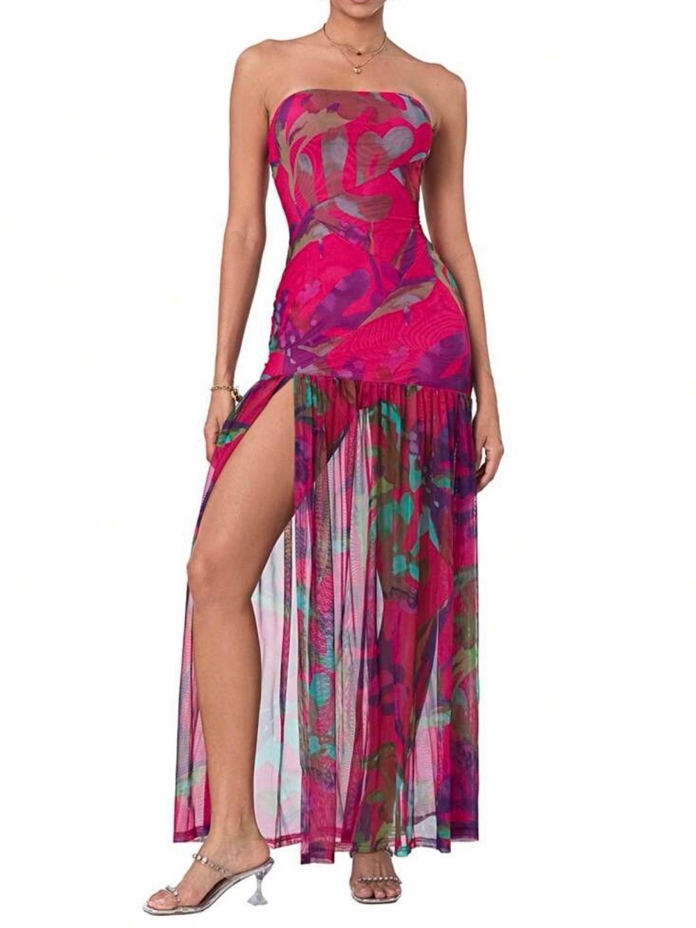 Pink Floral Mesh Maxi Dress with High Slit